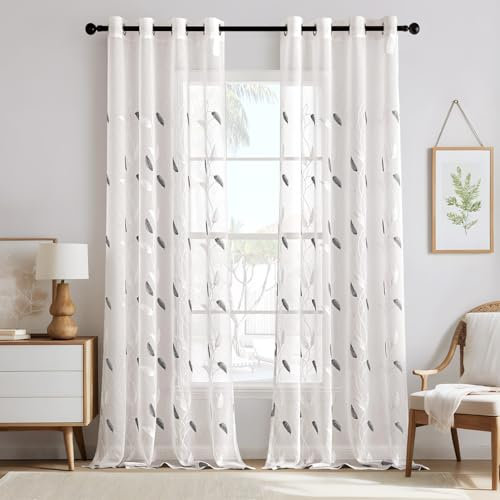 MIULEE Voile Vorhänge mit Ösen für das Wohnzimmer Elegante Transparente Gardinen mit Schönem Blättermuster und Stickerei 2er Set Perfekt für Moderne Schlafzimmer Größe H 220 x B 140 cm, Grau