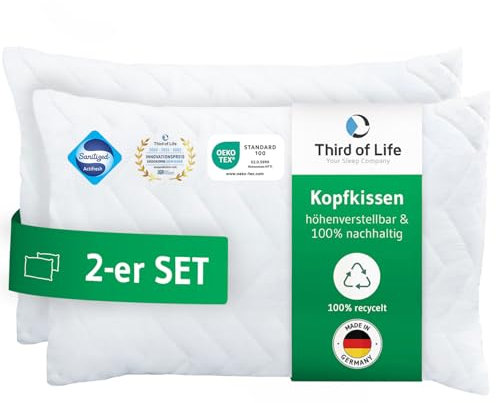 Kopfkissen 40x60 VERDA 2er Set, 100% nachhaltig, Orthopädisches 40 x 60 cm Bett-Kissen, Pillow aus recyceltem Material, Höhenverstellbar für Rückenschläfer, Seitenschläfer, Schlafkissen für Allergiker