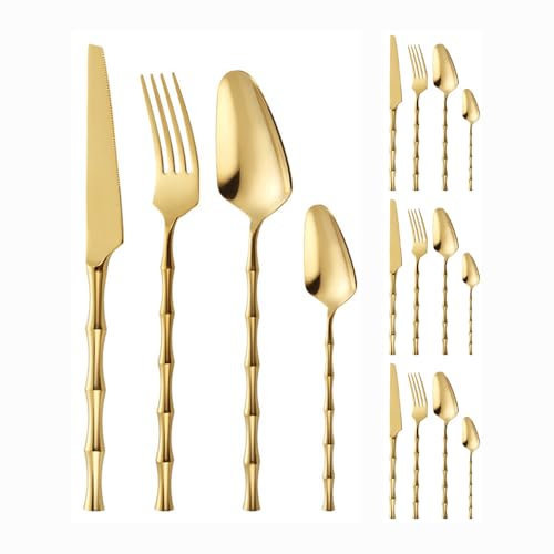 Imitation Bamboo Knot Handle Design Kitchen Stainless Steel Silverware Tableware Flatware Cutlery Set Steak Knife Fork Spoon Teaspoon (Gold,16 pieces)