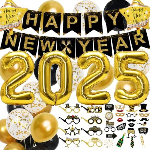 Silvester Deko 2026 Dekoration Set Neujahr Silvesterdeko, Happy New Year Banner, Gold Zahlen 2026 New Year Ballons, New Year Foto Requisiten und Happy New Year Gläser