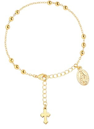 Aobei Pearl Cross Charm Link Chain Bracelet For Women Dainty Rosary 18K Gold Plated Beaded Chain Religious Bracelet
