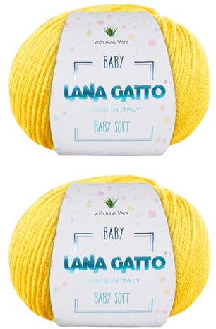 Wolle zum Stricken oder Häkeln 100% Merinowolle Extrafine von Lana Gatto. Baby Soft Linie Kinder, Neugeborene natürlich mit Aloe Vera (2, Gelb - 8437)
