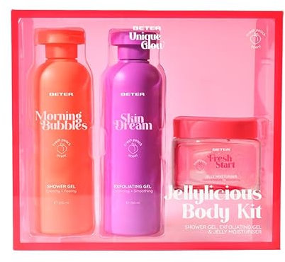 Beter - Jellylicious Body Körperpflegeset, 3-teiliges Duschset mit Duschgel, Körperpeeling und feuchtigkeitsspendendem Gel, Pfirsichduft, ideal zur Revitalisierung der Haut, Geschenkset