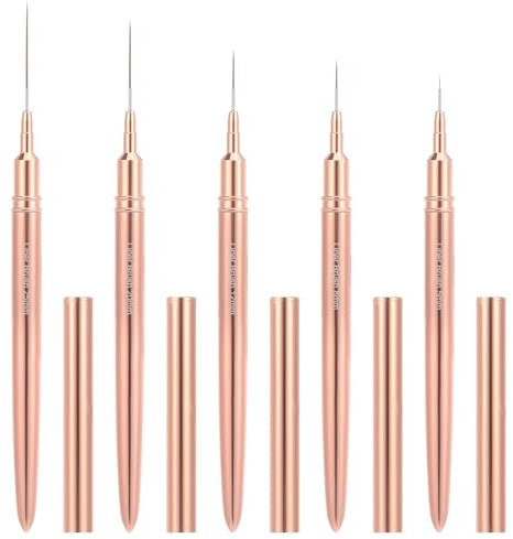 Nynkyon 5 Stück Nagel Pinsel, Malerei Nagellack Pinsel für GelNägel, Nageldesign Pinsel mit Aluminium-Griff, Fineliner Art Pens für Lange Streifen, Detailmuster, Gold, 5/8/12/20/25mm