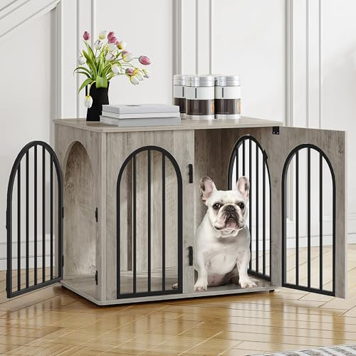 Hzuaneri Hundekäfig Möbel, 68cm Hundebox für Zuhause, 3 Türen, Bogentür, Moderne Hundebox Indoor für Hunde, Beistelltisch, Hundekäfig Hochbelastbar, 68 x 49 x 56 cm, Hell Elfenbein DFC85505B