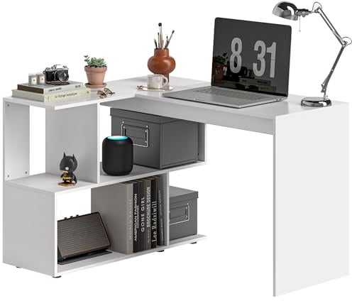 HOMCOM Eckschreibtisch mit 4 Ablagefächern, Eck-Computertisch aus Holz, Gaming-Schreibtisch für Büro, Wohnzimmer und Arbeitszimmer, moderner Stil, 120x100x77 cm, weiß glänzend