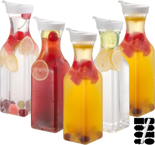 CJWLKJ 5 Pcs 1L / 32 Oz Plastic Water Carafe Pitcher with Flip Top Lid, Square Base Juice Containers, Mimosa Bar Supplies Pitcher for Drinks, Water, Tea, Juice, Milk, Lemonade and Other Beverages