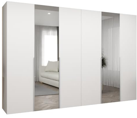 MEBLE KRYSPOL - Kleiderschrank mit Spiegel - Drehtürenschrank - Schrank 300 x 202 x 52 cm - Garderobenschrank Schlafzimmer, Flur, Jugendzimmer - Weiß, Griff Kaschmir - Alicante 2