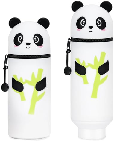 AUNHOKE 2 in 1 Pencil Case in Soft Silicone Panda Pencil Case Kids Pencil Cases and Desk Pen Holder, Retractable Capacity, Zipper Closure for Unisex