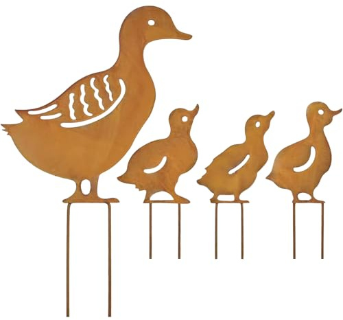 Ulawellor 4 Stück Rost Ente Dekorative Gartenstecker Metall Gartendeko Outdoor Silhouette Tierfigur Wetterfest für Garten Terrasse Rasen Teich Balkon Hof Dekoration