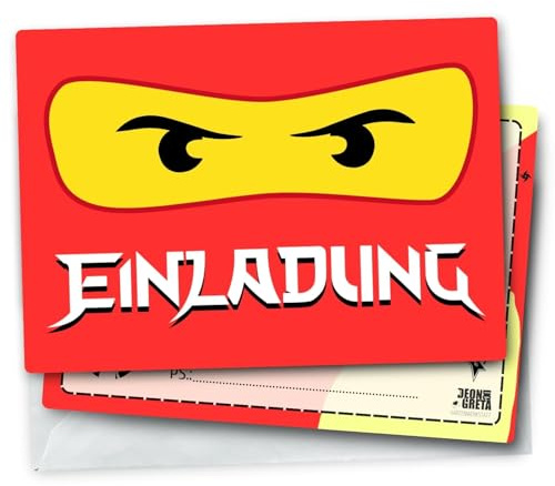 Generisch DEON & GRETA 12x Einladungskarten inkl. Passender Umschläge für Kindergeburtstag - Karten Set mit Ninja Motiv - Cartoon-Thema