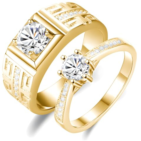 925er Sterlingsilber 9K/14K/18K Echtgold Eheringe Sets für Paare, Verlobungsringe mit Moissanit im Rundschliff für Männer und Frauen, individuell gestaltete Ringe für Sie und Ihn zum Jahrestag