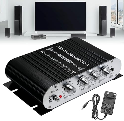 HiFi Audio Verstärker, RMS 20Wx2+40W ST-838 Mini Hifi Verstärker mit Subwoofer Ausgang KlasseD, Stereo Verstärker Class D 2.1CH Kanal mit AUX für Zuhause, Auto Lautsprecher (Inklusive Netzadapter)