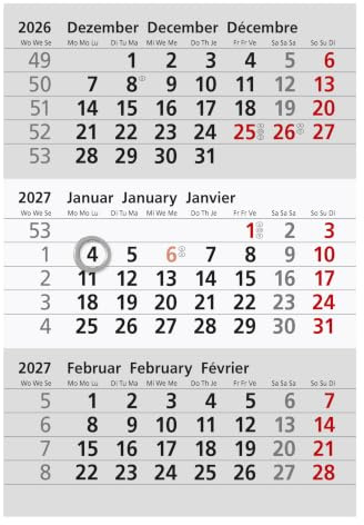 Ersatzkalendarium inkl. Tagesschieber- Kalenderblock - (magnetisch) für 2 Jahre (2026 2027 2028) - passend für 3-Monats-Tischkalender Edelstahl - Stehkalender - Aufstellkalender - Bürokalender