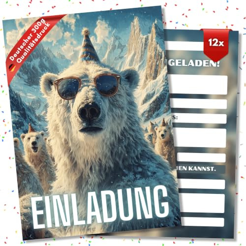 HIDEBLOOM Eisbär Einladungskarten Kindergeburtstag Junge und Mädchen- 12 Stück - DIN A6 (10,5 cm x 14,8 cm) - Geburtstagseinladungen Einladungskarten Geburtstag - Einladung Eisbär Sonnenbrille