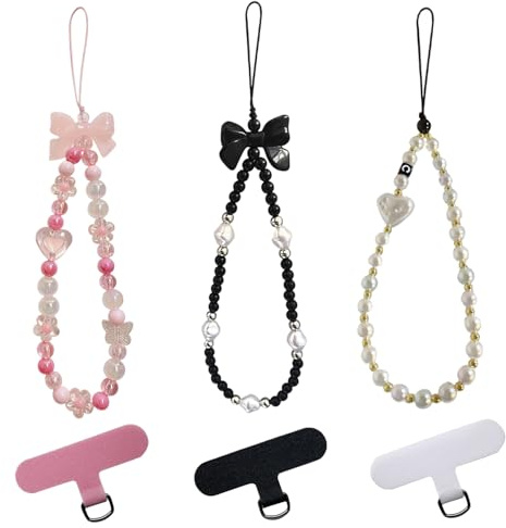 arrderly Lot de 3 Dragonne de Téléphone en Perles, Chaine Telephone Portable, Bracelet Telephone, Dragonne de Téléphone Portable Perlée pour Femmes Filles avec 3 Patchs Universels