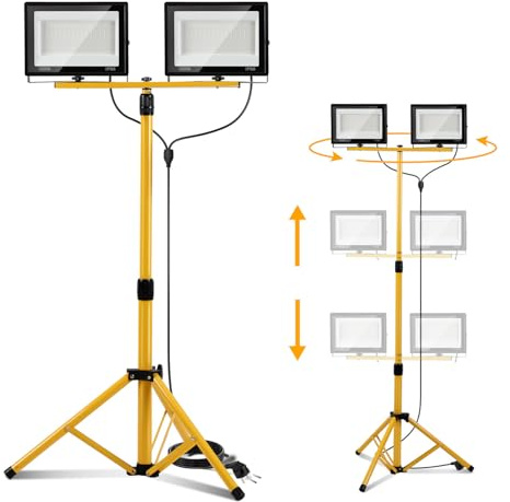 Projecteur de chantier ISOISL avec trépied 2x100W, projecteur LED 2x10000 lumens, télescopique réglable à 1,60 m, rotation à 360°, câble de 300 cm, IP66 pour garage, atelier, chantier, blanc froid