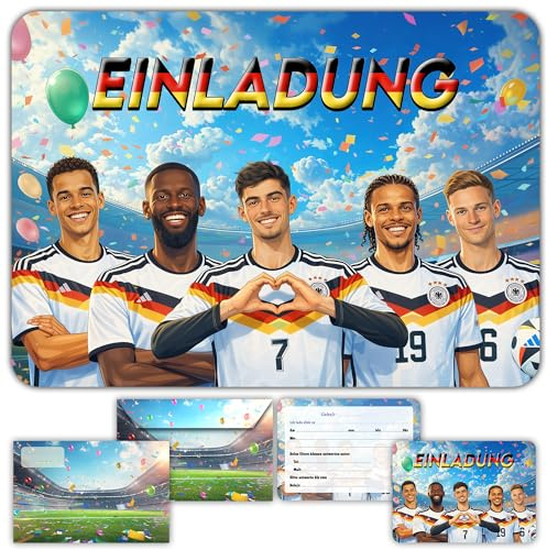 Glowiibo Fun4kid 12 x Fussball Fußball Einladungskarten Kindergeburtstag Junge mit passenden Umschlägen – für Kinder, Jungen - Vorgefüllte Karten auf Deutsch für Geburtstagsparty und Feier
