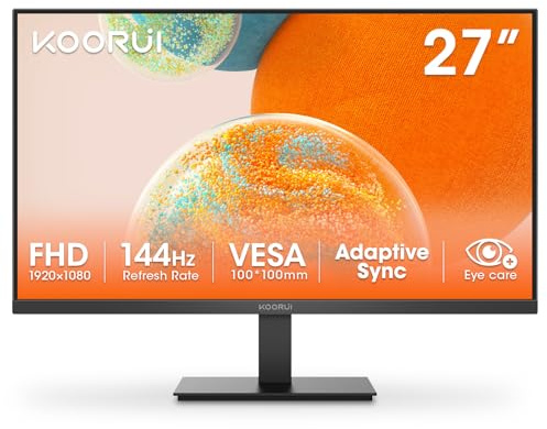 KOORUI 27 Inch Monitor, FHD 1080P, Gaming 144Hz, Hardware Anti-Blue Light | Computer Monitor with Adaptive Sync, 5ms, Eye Care, VESA 100x100mm, HDMI, VGA