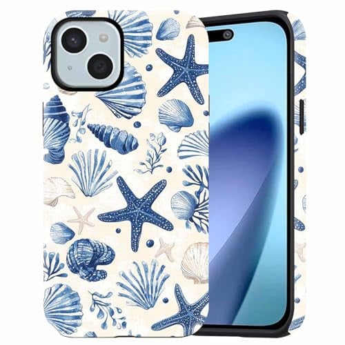 Dahimomo Summer Cute Phone Case for iPhone 14/iPhone 13 6.1, 2-in-1 Girly Aesthetic Beach Blue Ocean Seashell Design Pattern, Camera Lens Protective Shockproof Bumper Slim Cover for Girl Women