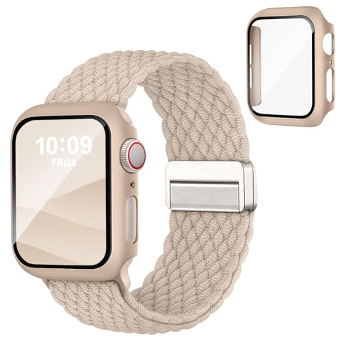 Raradev Geflochtenes Armband mit Schutzhülle kompatibel mit Apple Watch | Starker Magnetverschluss, Elastisches Nylon-Sportarmband, 3-in-1 Komplettschutz, Leicht und atmungsaktiv, Einfach verstellbar