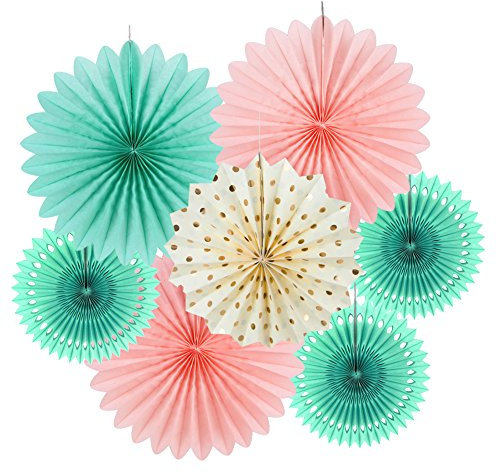 SUNBEAUTY 7er Set Mint Rosa Papier Deko Fächerdekoration Hochzeit Geburtstag Deko
