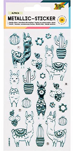 folia 19603 - Metallic - Sticker III mit Lama und Kaktus Motiven, 24 Stück, ideal geeignet zum Verzieren von Grußkarten, Bastelarbeiten und Scrapbooking, Bunt