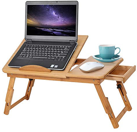 Escritorio de bambú para laptop, altura ajustable, antideslizante, soporte de mesa para laptop, bandeja de sofá con agujero de aire, cajón pequeño para luz de refrigeración, cama plegable portátil,