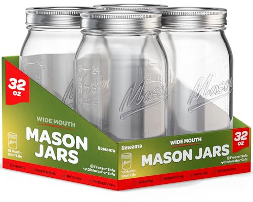 Wide Mouth Mason Jars 32 oz [6 Pack] With mason jar lids and Bands, mason jars 32 oz - For Canning, Fermenting, Pickling - Jar Decor - Microwave/Freeze/Dishwasher Safe + SEWANTA Jar Opener