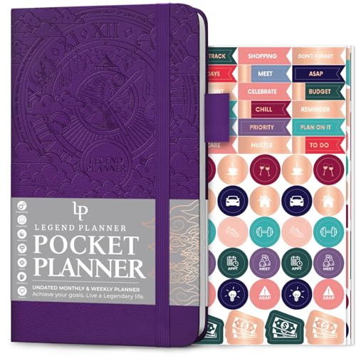Legend Planner Pocket – Kleines Undatiertes Monats- und Wochenzieljournal und Kalender für Produktivität, Mini Life Organizer Planner, Perfekt für Handtasche, 9.5x16cm gebunden, Lila