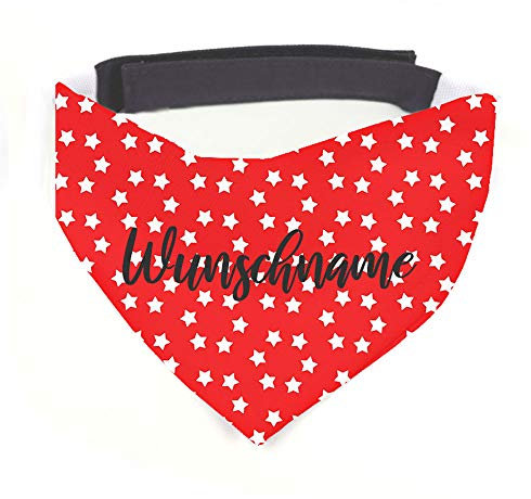 Hundehalstuch mit Namen Vintage Sterne rot personalisiert inklusive Wunschname z.B. Name Ihres Hundes mit 12 cm Klettverschluss für kleine, mittlere und große Hunde (S = Halsumfang: 32-38 cm)
