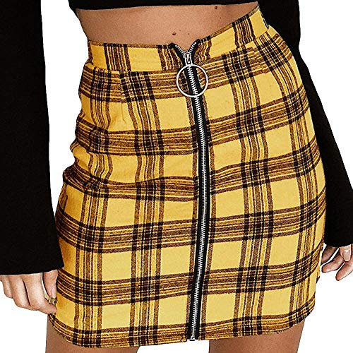 Sportswear-Röcke Für Damenbleistiftrock Mit Plaiddruck Damen Sexy Party Plaid Reißverschluss Pilz Schlanke Hohe Taille Hüfte Kurz-Yellow_XL