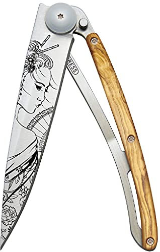 Deejo - Couteau de Poche Pliant Ultra léger avec Clip Ceinture, 37g, Titane, Olivier, Geisha