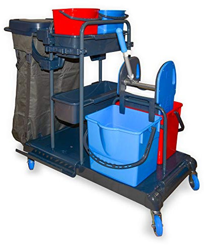Hypafol Profi Putzwagen mit 100l Leinensack I Praktischer Reinigungswagen mit 2 x 18l & 2 x 5l Eimern I Stabile Mopp-Presse & Halterung für Besen & Lappen I Kunststoff-Eimer mit ergonomischen Henkel