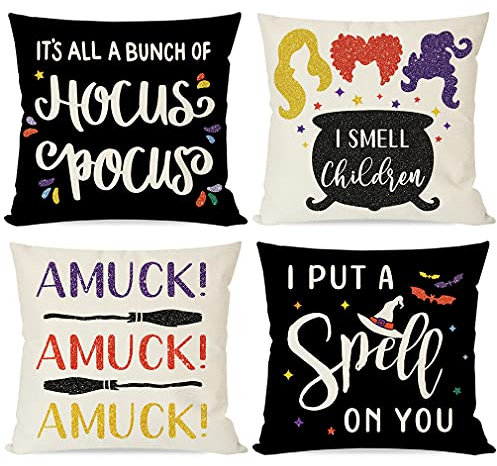 PANDICORN Hocus Pocus Halloween-Kissenbezüge, 45,7 x 45,7 cm, für Herbstdekorationen, Sanderson Schwestern, Hexen, Brauhut, I Smell Children Amuck, schwarz, dekorative Kissenbezüge für drinnen und