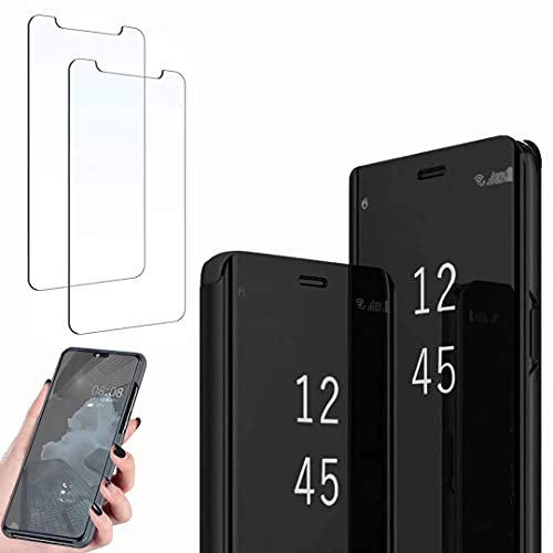 Ttianfa Case for Iphone XR cover Mirror Flip Case,Screen protection film Protective 360 Function Stand Shockproof Platin Clear View PU TPU Case flip mirror Compatible for Iphone XR,black
