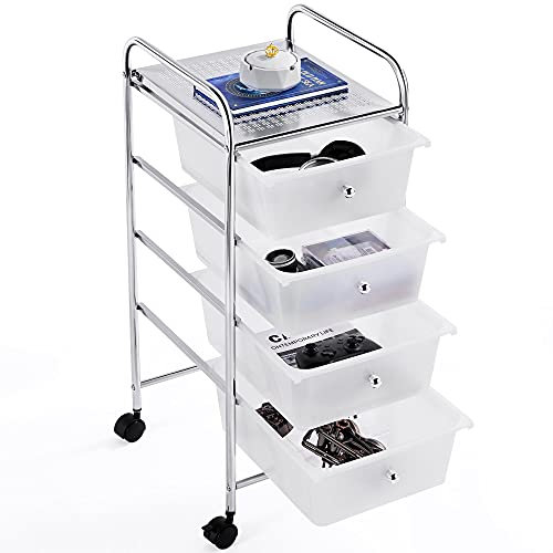 Yaheetech Küchewagen Rollwagen inkl. 4 Schubladen Allzweckwagen Küchen Organizer Servierwagen Trolley für Küche Bad Büro Schlafzimmer mit Rollen und Griffe Weiß