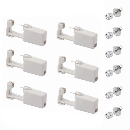6 Stück Ohrpiercing-Pistole, Einweg-Ohr-Piercingpistole mit Ohrsteckern, Ohrloch Stecher, Sicher und Schmerzfrei, Gelten Asepsis Pierce Kit Piercing-Zubehör(Weiß)