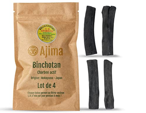 Ajima Binchotan Charbon Actif Eau - Baton de Charbon Bio Purificateur d'Eau Naturel x4 - Chaque Baton Filtre Environ 1.5 L - Charbon de Chêne de Wakayama Vrai - Idéal pour Filtrer l'Eau en Carafe