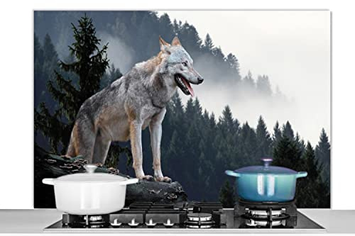 MuchoWow Spritzschutz Küche Küchenrückwand Alu Poster Bilder 120x80 cm Wolf - Tier - Wald