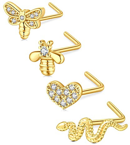 incaton Piercing Nez 20G Anneau de Nez en Acier Chirurgical 0.8mm Nez Piercing en L Forme Ensemble de Bijoux pour Piercing CZ Libellule Abeille Serpent