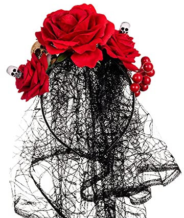 Damen Tag der Toten Haarschmuck mit Rose Floral Schleier Kopfschmuck Halloween Kostüm Mexikanischen Stirnband Day of The Dead Headpiece für Festival Carnival Party