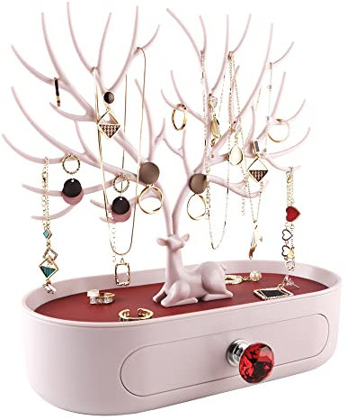 MORE&LESS Rotes Kunstleder Roter Kristall Griff Hirsch Ornament Display Rack Ring Ohrringe Halskette Armband