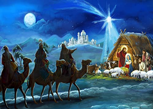 BELECO 3x2.5m Weihnachtskrippenkulisse, Weihnachtsnacht, Sternenlicht, Heilige Familie und die Heiligen DREI Könige, Wüstenkrippe, Geburt Jesu, Kulisse für den Außenbereich, Weihnachtsdeko