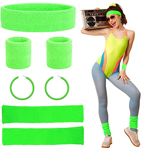 Beamely 80s Headband and Wristband Leg Warmers Party Set for Women and Girls, 1980s Neon Fancy Dress Costumes Accessories with Earrings Sport Kit for 80s Retro Them Party Supplies Gym Sport(Green)