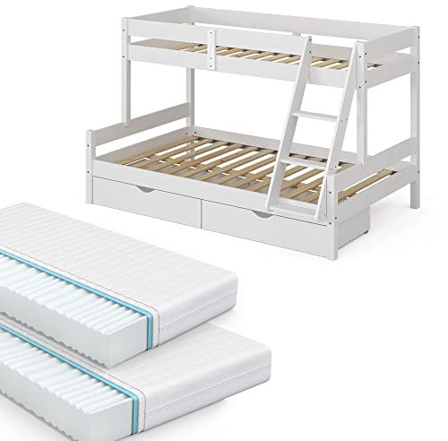 VitaliSpa Etagenbett Everest, Weiß, 120x200 / 80x200 cm mit 2 Matratzen und 2 Schubkästen