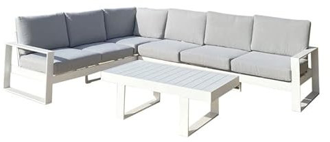 SHIITO - Muebles para Jardín Exterior - Pack con Sofá de 3 Plazas, Módulo con 3 Asientos y Mesa de Centro de Cristal - Modelo Stacy - En Blanco y Gris