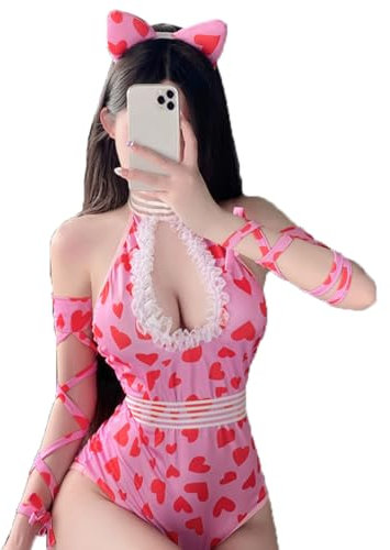 JasmyGirls Costume sexy da cameriera anime, per cosplay, gatto, travestimento da cameriera kawaii, tuta per adulti