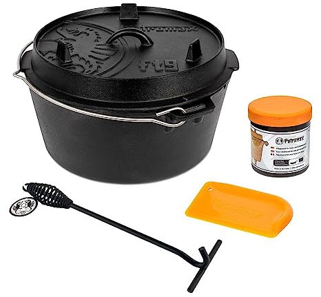 Petromax Feuertopf ft9-t Einsteiger-Set - Dutch Oven mit Standfüßen inklusive Deckelheber, Pflegepaste und Schaber - für alle Grillarten und offenes Feuer - 7,5 Liter