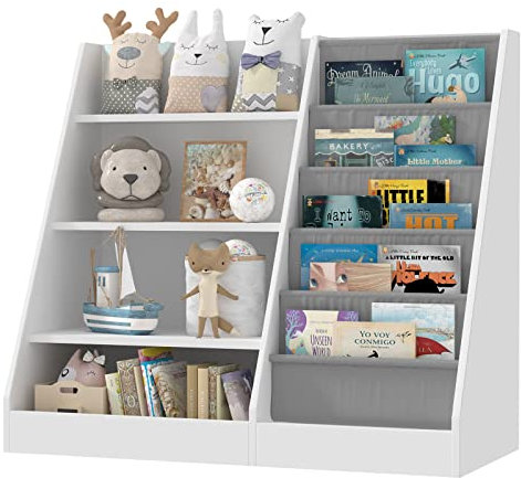 Kinderregal mit 5 Ablage und 4 offenen Fächern, Bücherregal für Kinder Holz, Spielzeugregal, Spielzeug-Organizer für Kinderzimmer, 90x40x80cm, Weiß
